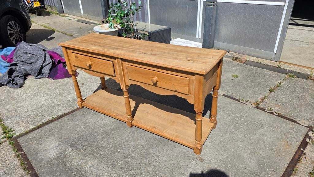 Franse grenen sidetable met twee lades en onderblad, Antiek en Kunst, Ophalen