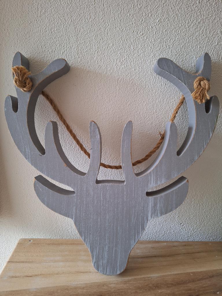 Rustieke houten wanddecoratie met hertenkop, kleur grijs, Huis en Inrichting, Woonaccessoires | Wanddecoraties, Ophalen, 30 cm