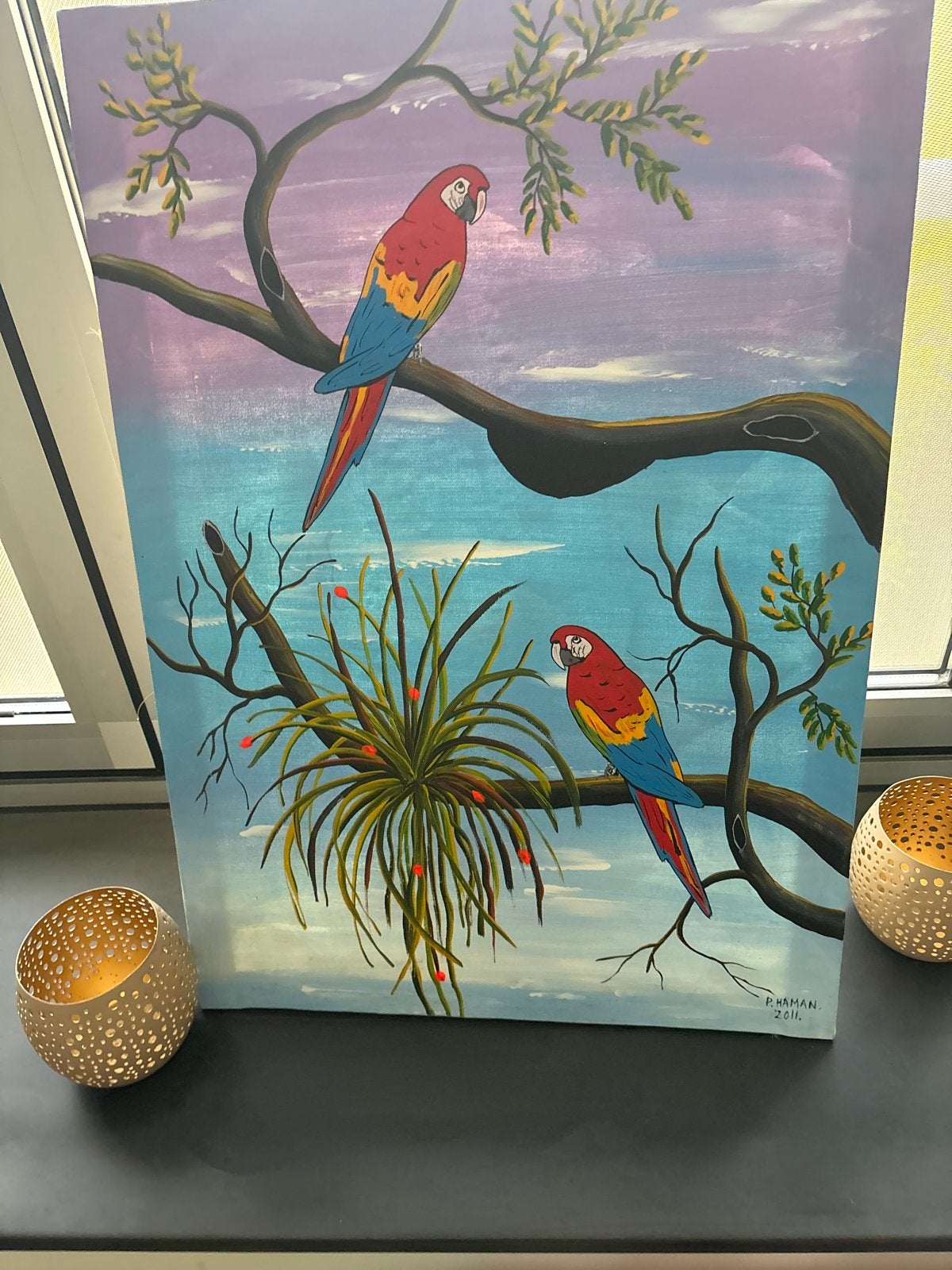 Schilderij met papegaaien en tropische planten, Ophalen of Verzenden