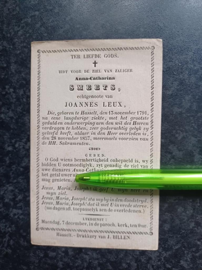 Bidprentje Hasselt Anna Smeets 1791 1857, Verzamelen, Ophalen, Bidprentje