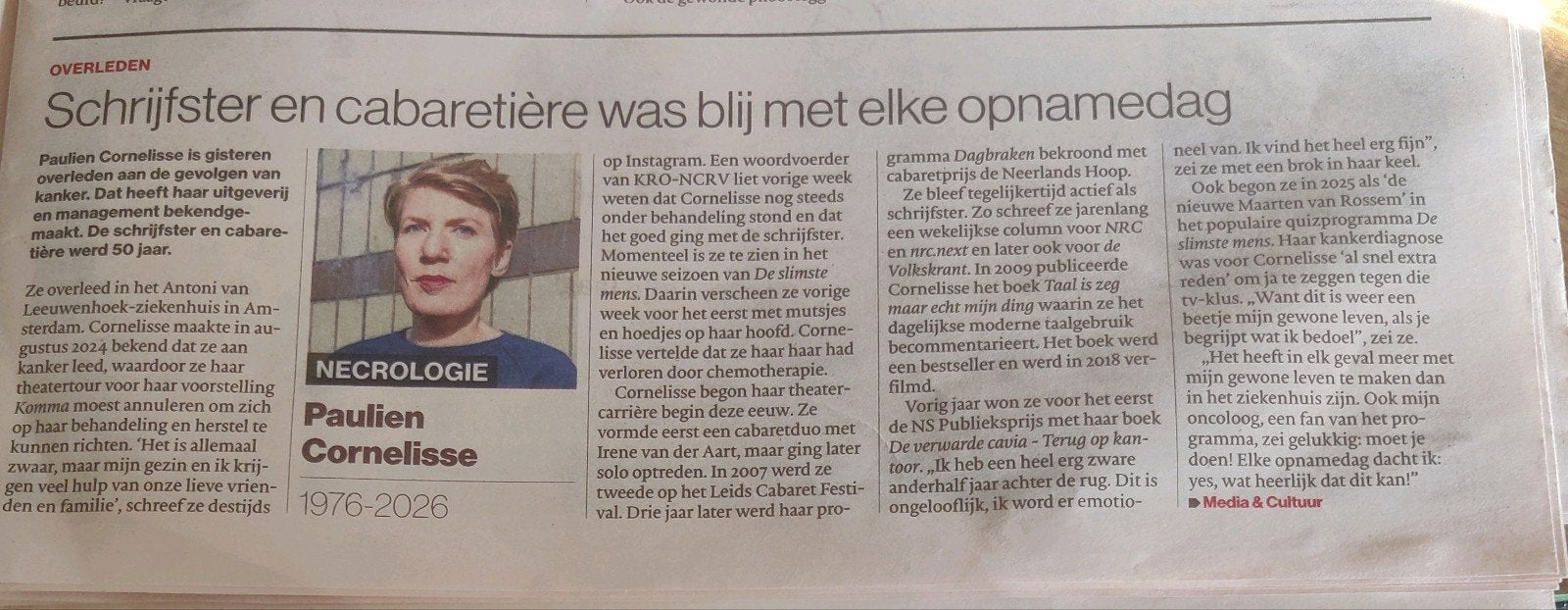 Paulien Cornelisse 1976 - 2026 krantenartikel, Ophalen of Verzenden
