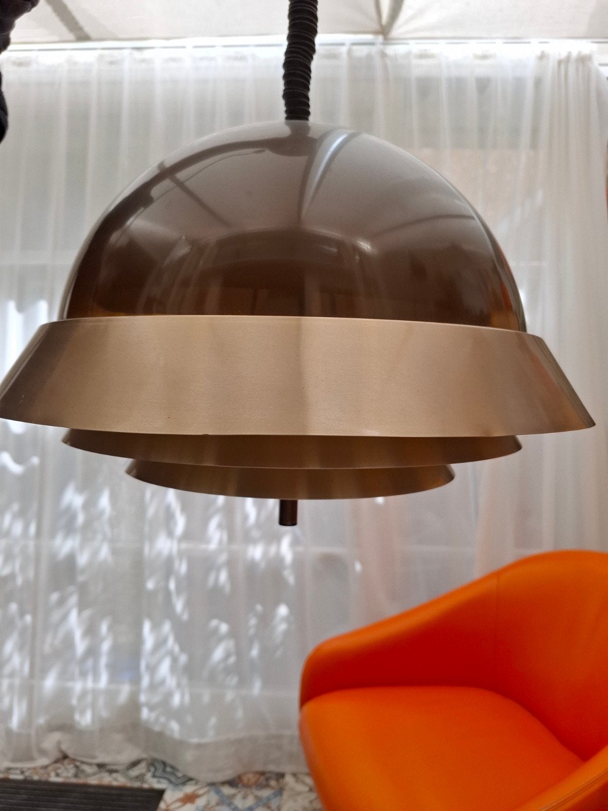 Vintage Dijkstra/Raak/Lakro hanglamp, bruin/goud, Ophalen, Vintage, Mid-century modern, E27 (groot), Kunststof
