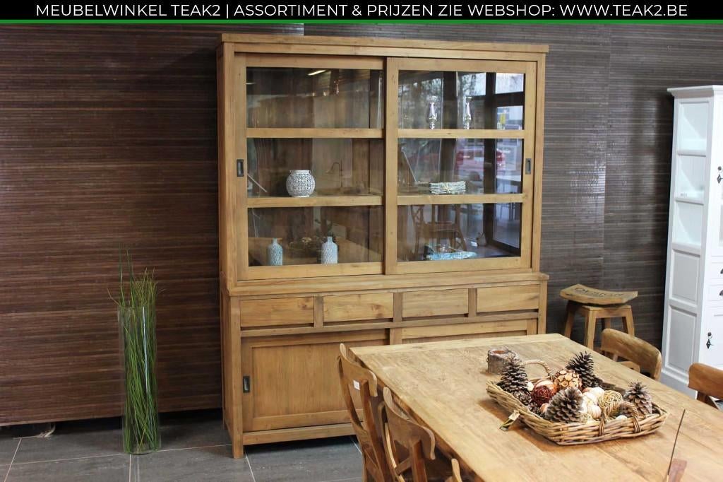 Nieuwe teak kasten - buffetkast en vitrinekast bij TEAK2, Huis en Inrichting, Kasten | Vitrinekasten, 200 cm of meer, Met klep(pen)