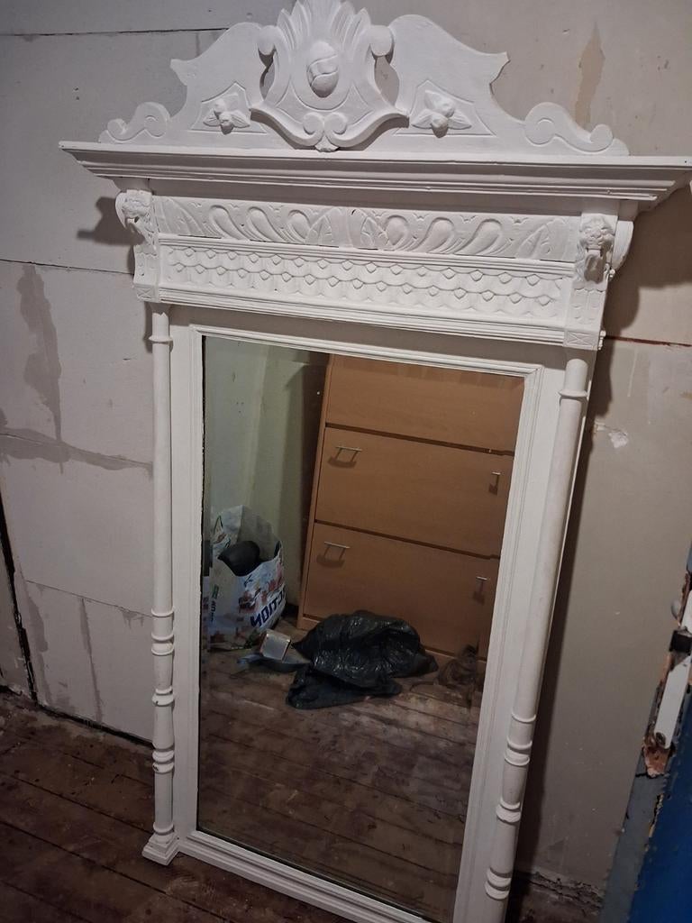 Indrukwekkende Brocante Kuifspiegel – 165 cm hoog – Shabby C, Antiek en Kunst, Ophalen, Rechthoekig