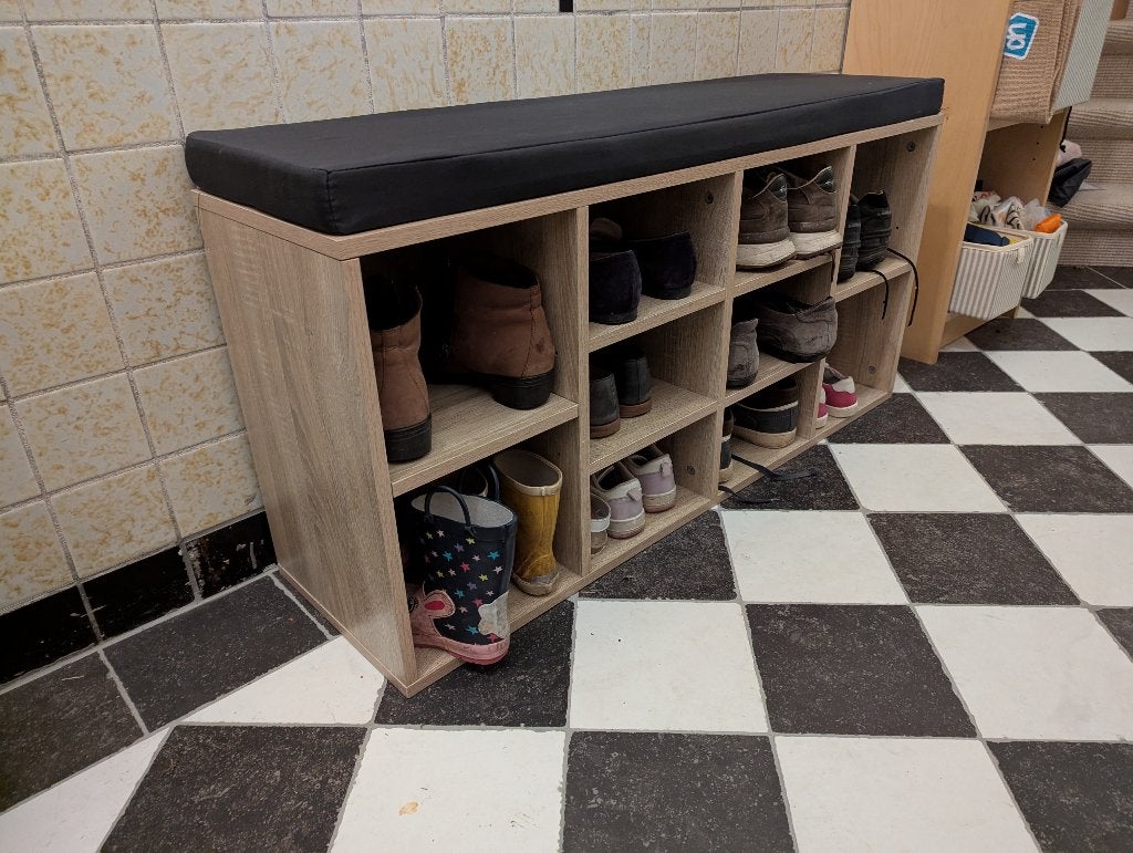 Schoenenbankje met kussen hal eiken hout, Ophalen, Zo goed als nieuw, Modern, functioneel, opbergmeubel