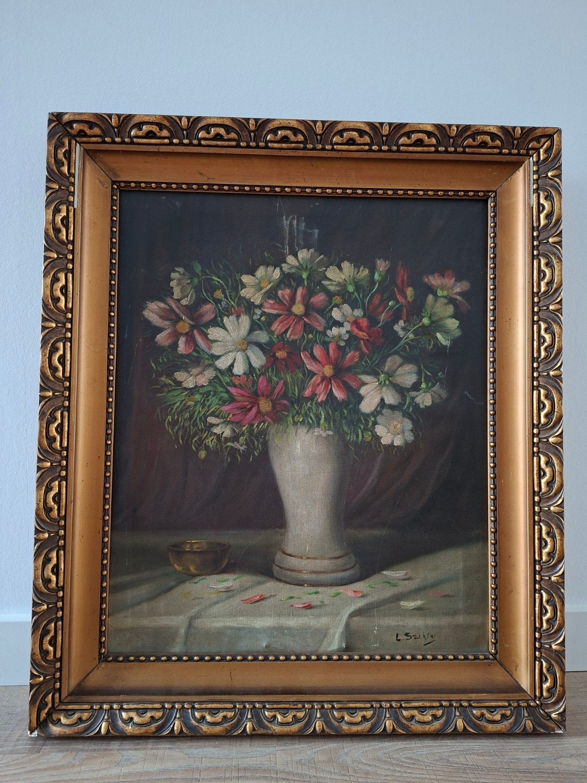 Antiek stilleven bloemen in vaas by Sziklai Lajos 1900-1949, Antiek en Kunst, Bloemen, Doek, Ophalen of Verzenden, Bijzondere lijst