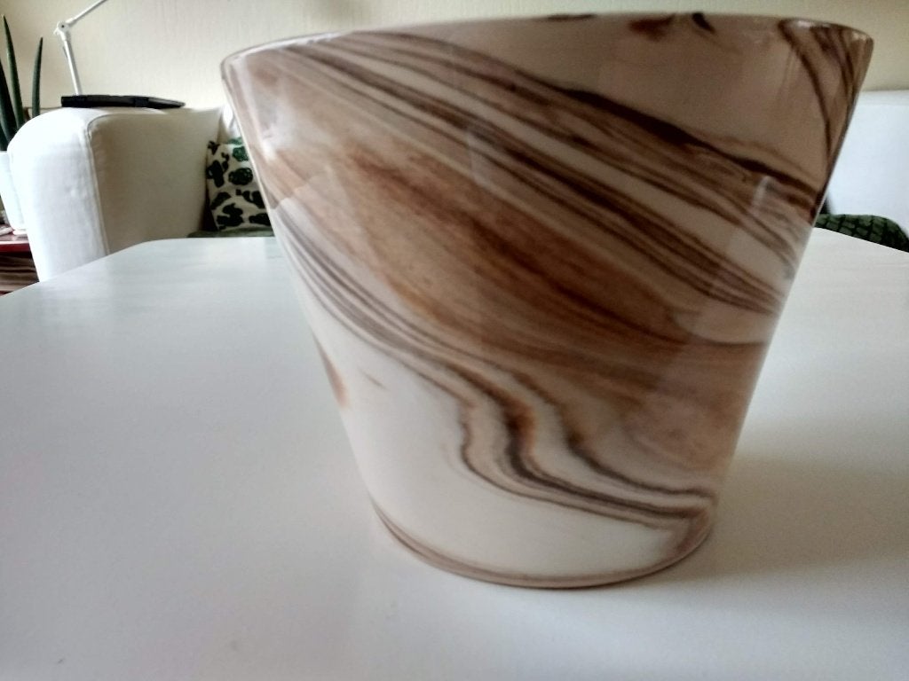 Zeldzame vintage bloempot wit met bruin marmermotief, Gebruikt, Rond, Binnen, Ophalen of Verzenden