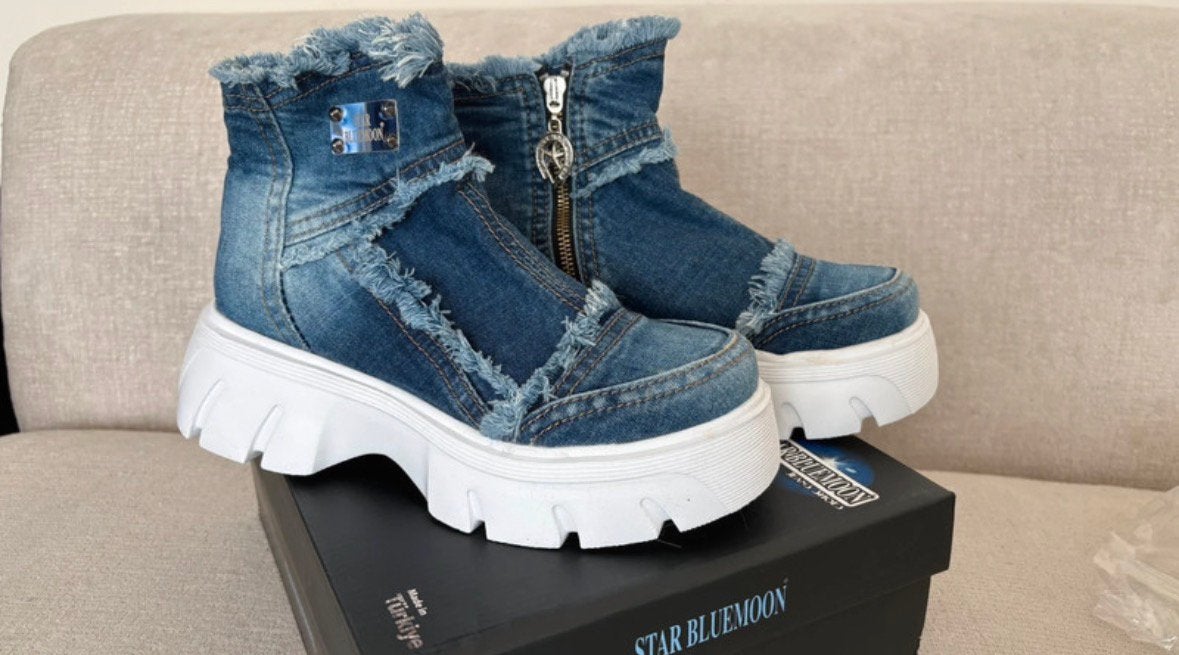 Nieuwe denim laarzen met plateauzool, maat 36.5-37, Verzenden, Nieuw, Blauw, Lage of Enkellaarzen