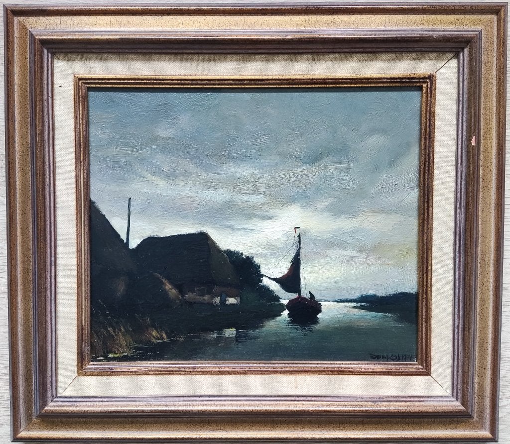 Toon Koster (1913-1990) - Rivierlandschap in de schemer, Antiek en Kunst, Paneel, Ophalen of Verzenden, Gesigneerd, Landschap