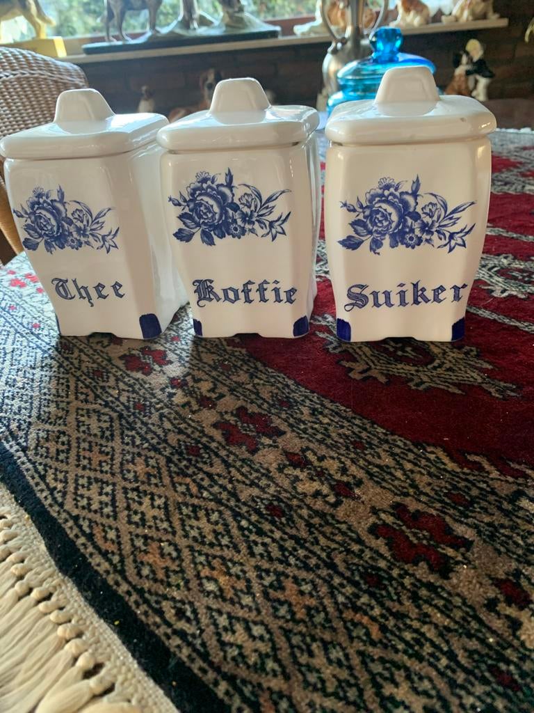 Antieke voorraadpotten: Thee, Koffie, Suiker (Delfts blauw), Ophalen of Verzenden