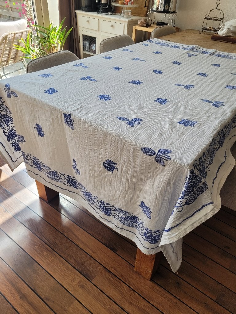 Katoenen tafelkleed blauw wit landelijk cottagecore, Huis en Inrichting, Ophalen of Verzenden, Gebruikt, Rechthoek, Binnen