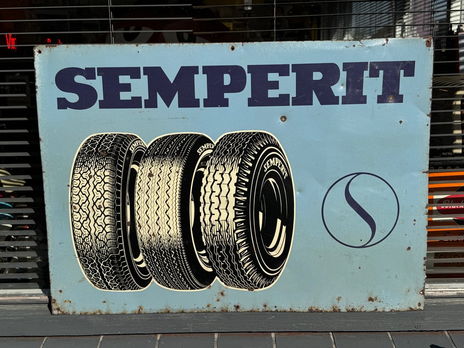 Vintage Semperit Banden Reclamebord - Emaille Look, Reclamebord, Gebruikt, ., Ophalen of Verzenden