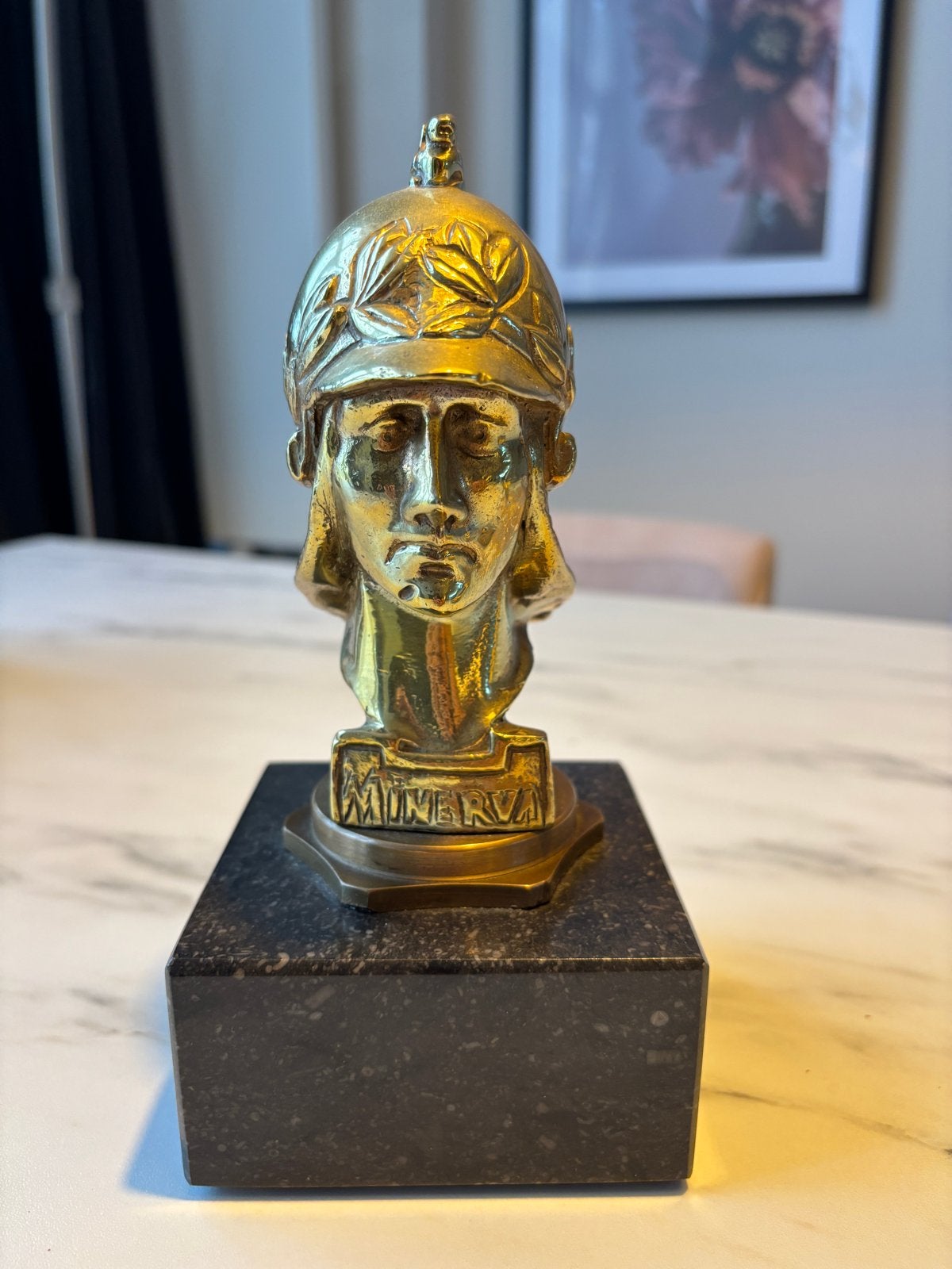 Minerva motorkap ornament vintage op marmeren voet, Antiek en Kunst, Ophalen of Verzenden
