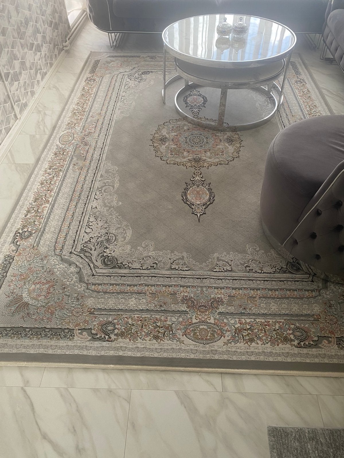 Elegant Vloerkleed - Grijs met Klassiek Patroon, Perziche tapijt, 200 cm of meer, Ophalen of Verzenden, Zo goed als nieuw