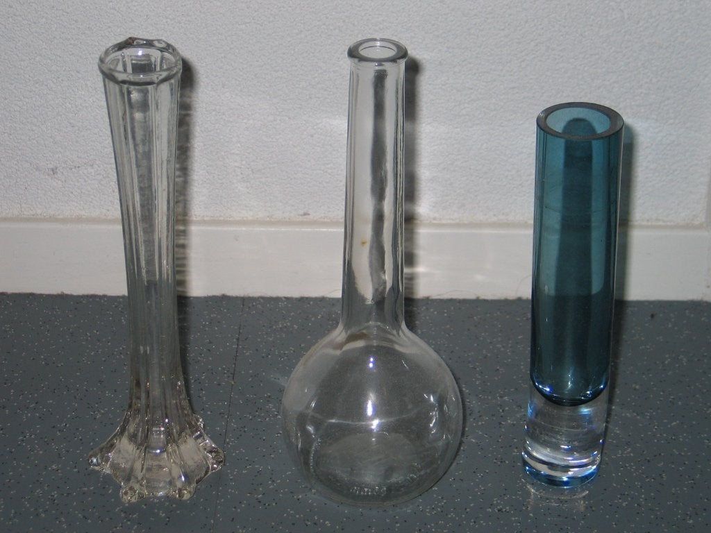 Set van 3 glazen vazen - diverse stijlen en kleuren, Huis en Inrichting, Gebruikt, Transparant, 25 cm, Ophalen of Verzenden