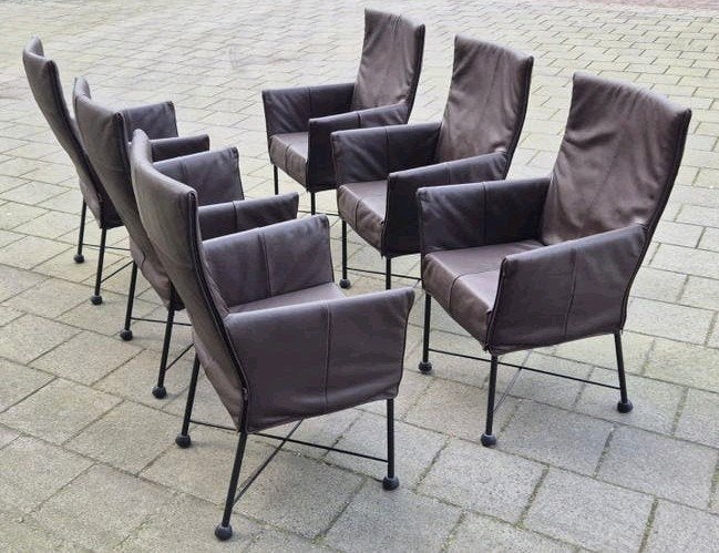 6 Prachtige Montis Chaplin Design stoelen D.Bruin Leer-, Huis en Inrichting, Stoelen, Ophalen, Bruin, Zo goed als nieuw, Vijf, Zes of meer stoelen