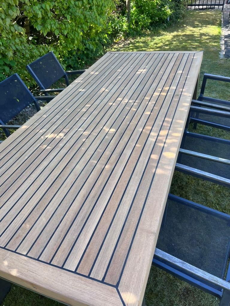 TAFEL RVS met TEAK - UNIEK (one off)  - met stoelen, Ophalen, Gebruikt, RVS - TEAK, 200 cm of meer