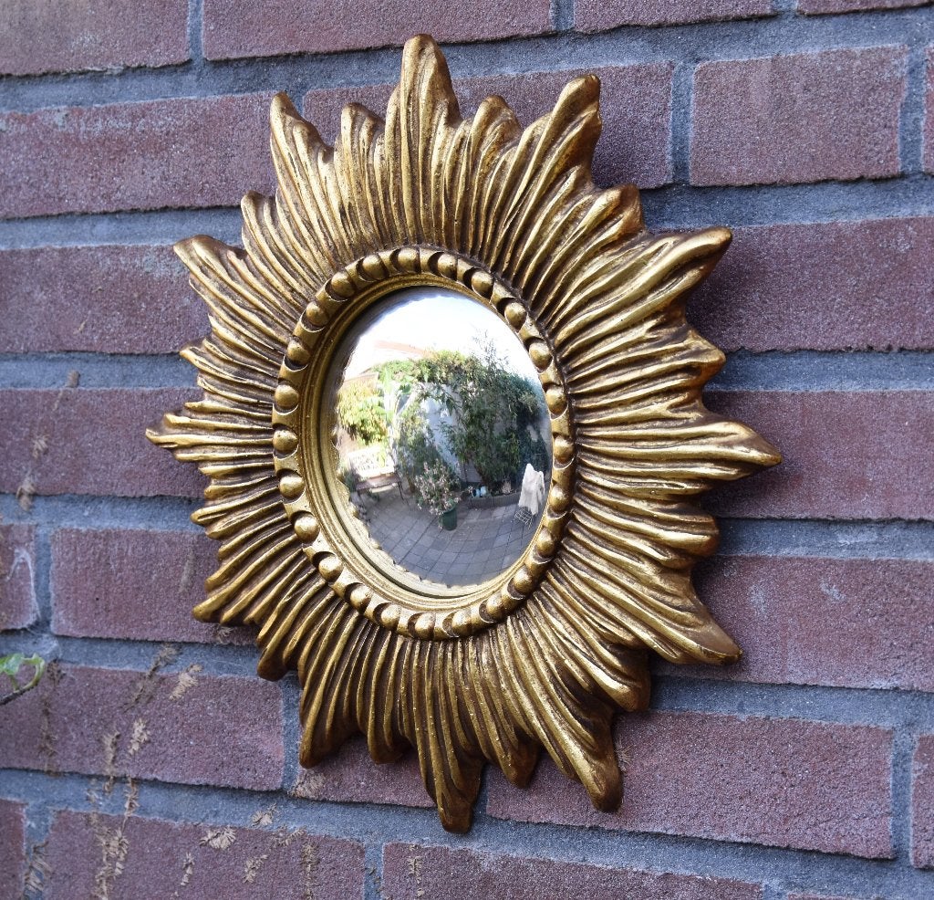Vintage Zonnespiegel met Bladgoud, Huis en Inrichting, Woonaccessoires | Spiegels, Ophalen, Minder dan 50 cm, Rond, Zo goed als nieuw