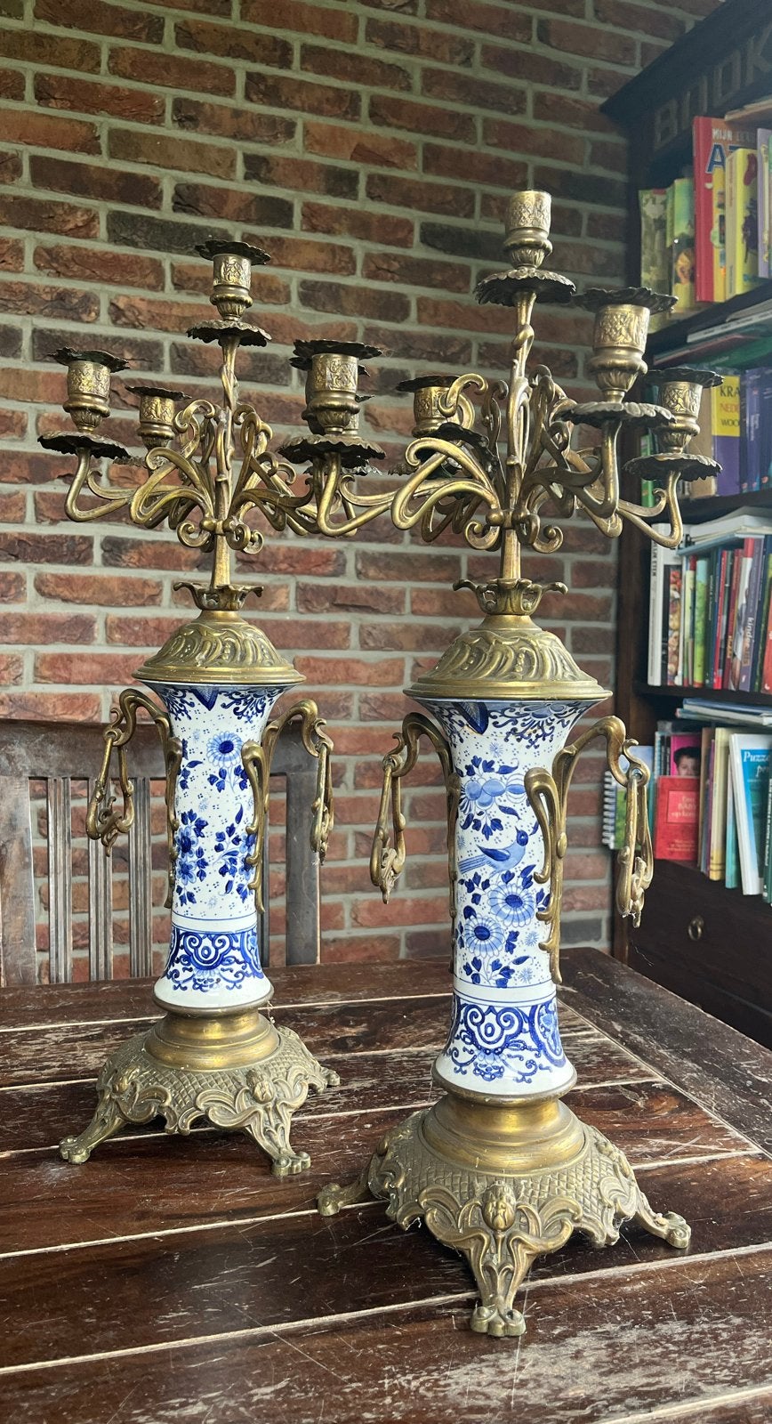 Antieke Koperen Kandelaars met Delfts Blauw Keramiek, Antiek en Kunst, Ophalen of Verzenden, Koper of Brons