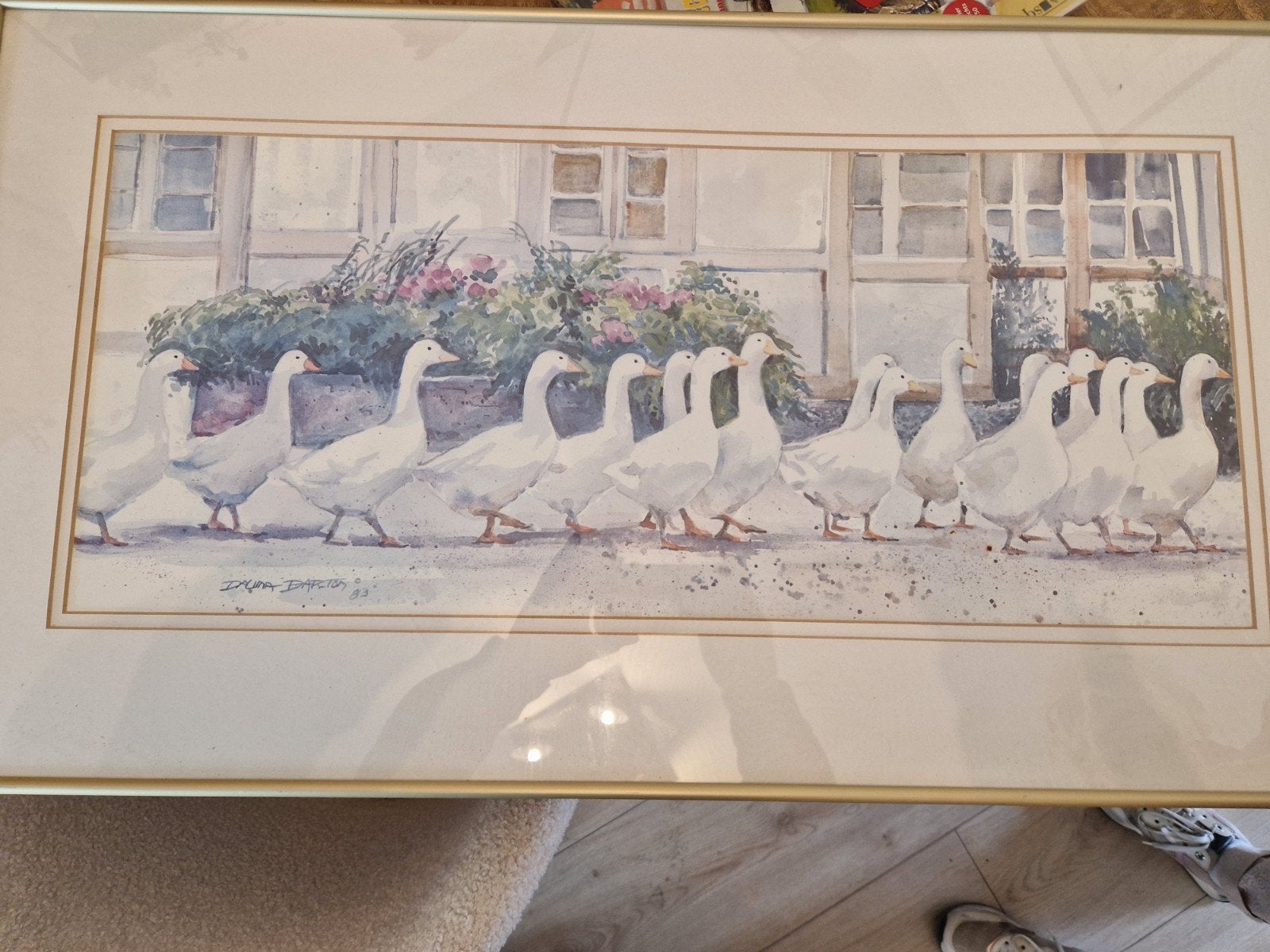 Aquarel van ganzen in een dorpsgezicht, Antiek en Kunst, Kunst | Schilderijen | Klassiek, Ophalen