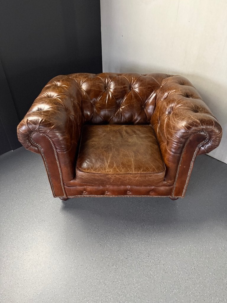 Chesterfield fauteuil bruin leer – 115 cm breed, Ophalen, Gebruikt, 100 tot 125 cm, Leer