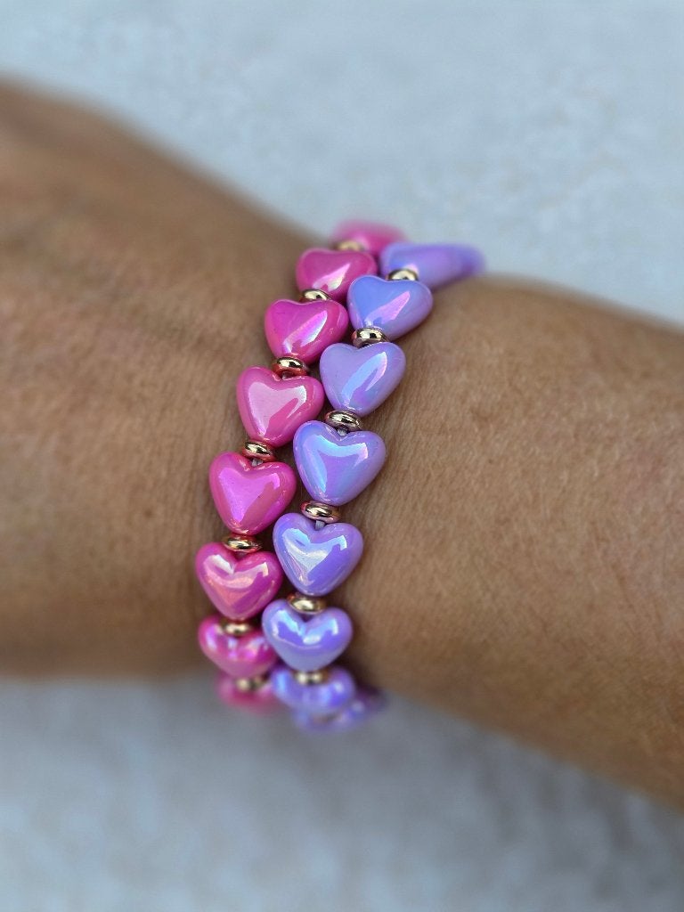 Hartjes armbanden Knal roze en paars met goudkleurige kralen, Overige materialen, Nieuw, Ophalen of Verzenden, Roze