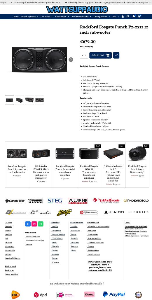 Rockford Fosgate Punch P2-2x12 12 inch subwoofer 800/1600W, Audio-design, Nieuw, Am Breilingsweg 3, 76709 Kronau, Duitsland, Ophalen of Verzenden