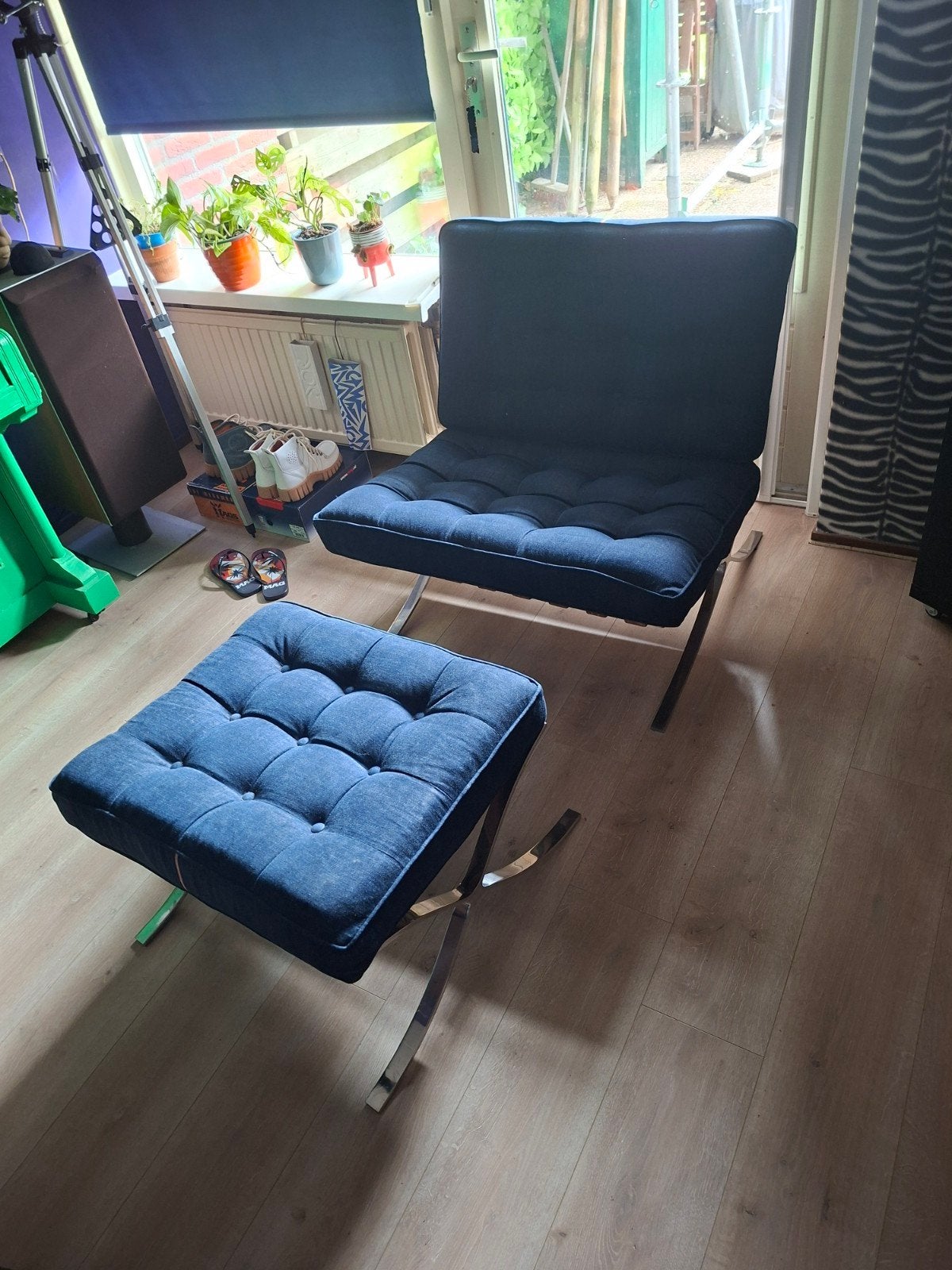 Design Denim Lounge Chair + Hocker, Gebruikt, Blauw, Leer, Ophalen of Verzenden