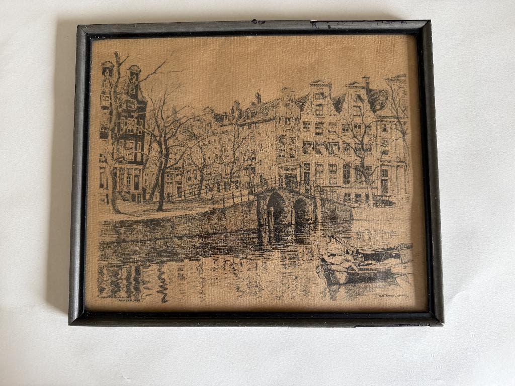Werk van H.E Roodenburg Heerengracht Amsterdam, Ingelijst, Ophalen of Verzenden, 23 cm, 27 cm