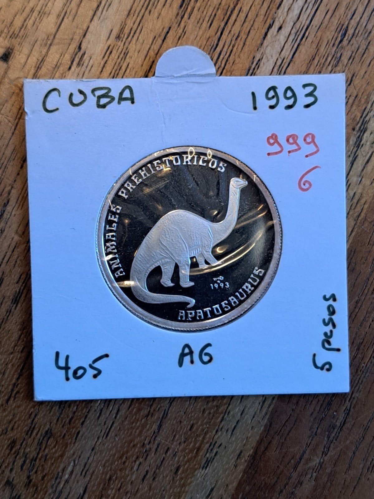 Cuba 5 pesos 1993 proof Apatosaurus, Ophalen of Verzenden, Midden-Amerika, Losse munt, Zilver
