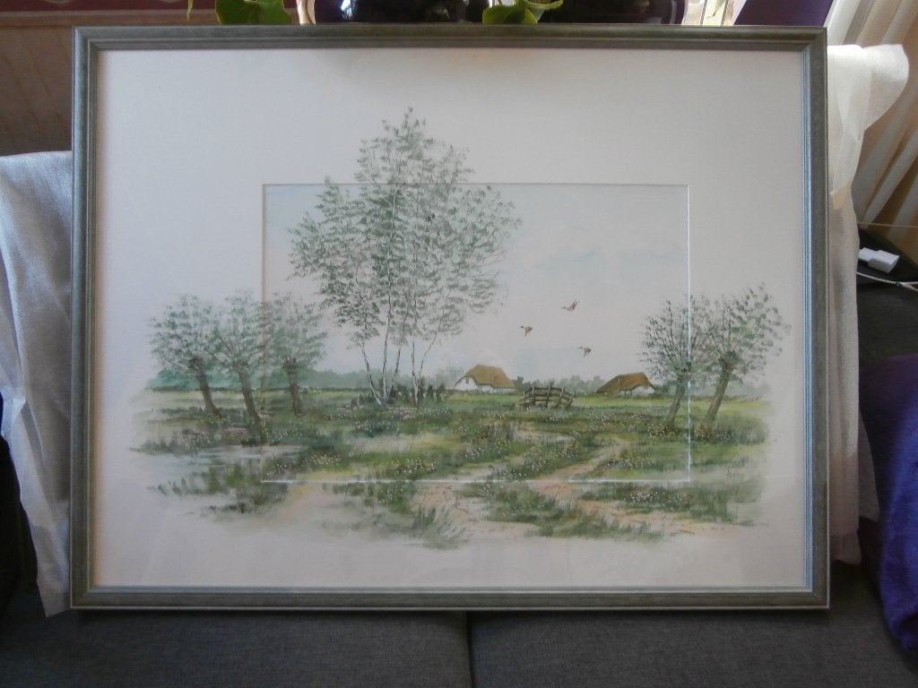 tekening aquarel schilderij Jan Thiele boerderij landschap, Ophalen, 50 – 75, Oorspronkelijke maker, Zo goed als nieuw