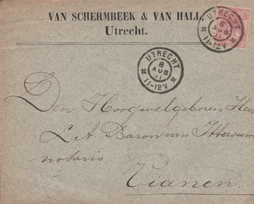 UTRECHT-VIANEN 1901 Van SCHERMBEEK & Van HALL, Ophalen of Verzenden, Voor 1920, Gelopen, Utrecht