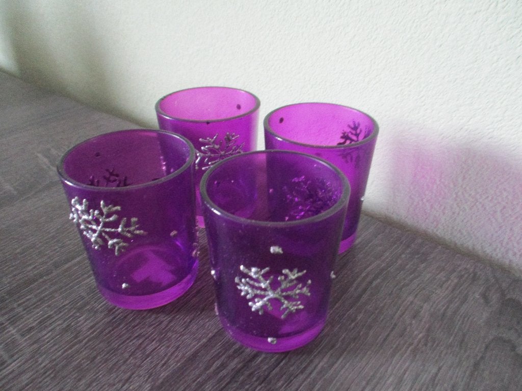 Set van 4 paarse waxinelichthouders met sneeuwvlokken, 7 cm, Paars, Waxinelichthouder, Ophalen of Verzenden