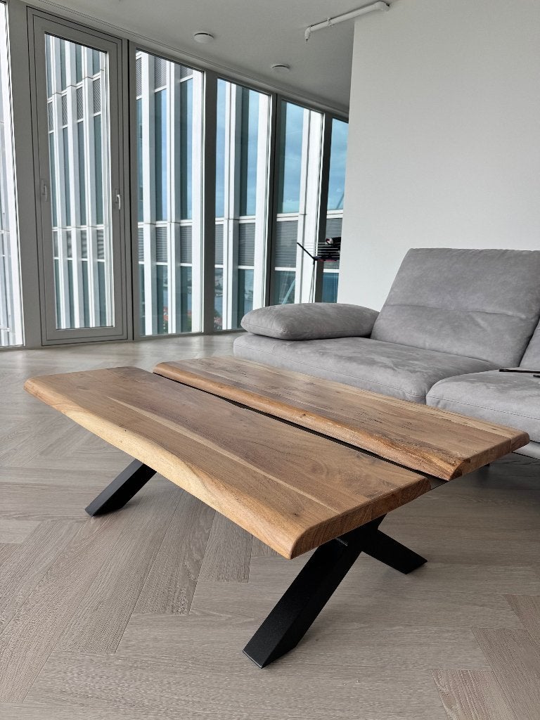 Massief Acaciahouten Salontafel, 100 tot 150 cm, Zo goed als nieuw, Industrieel, Rechthoekig