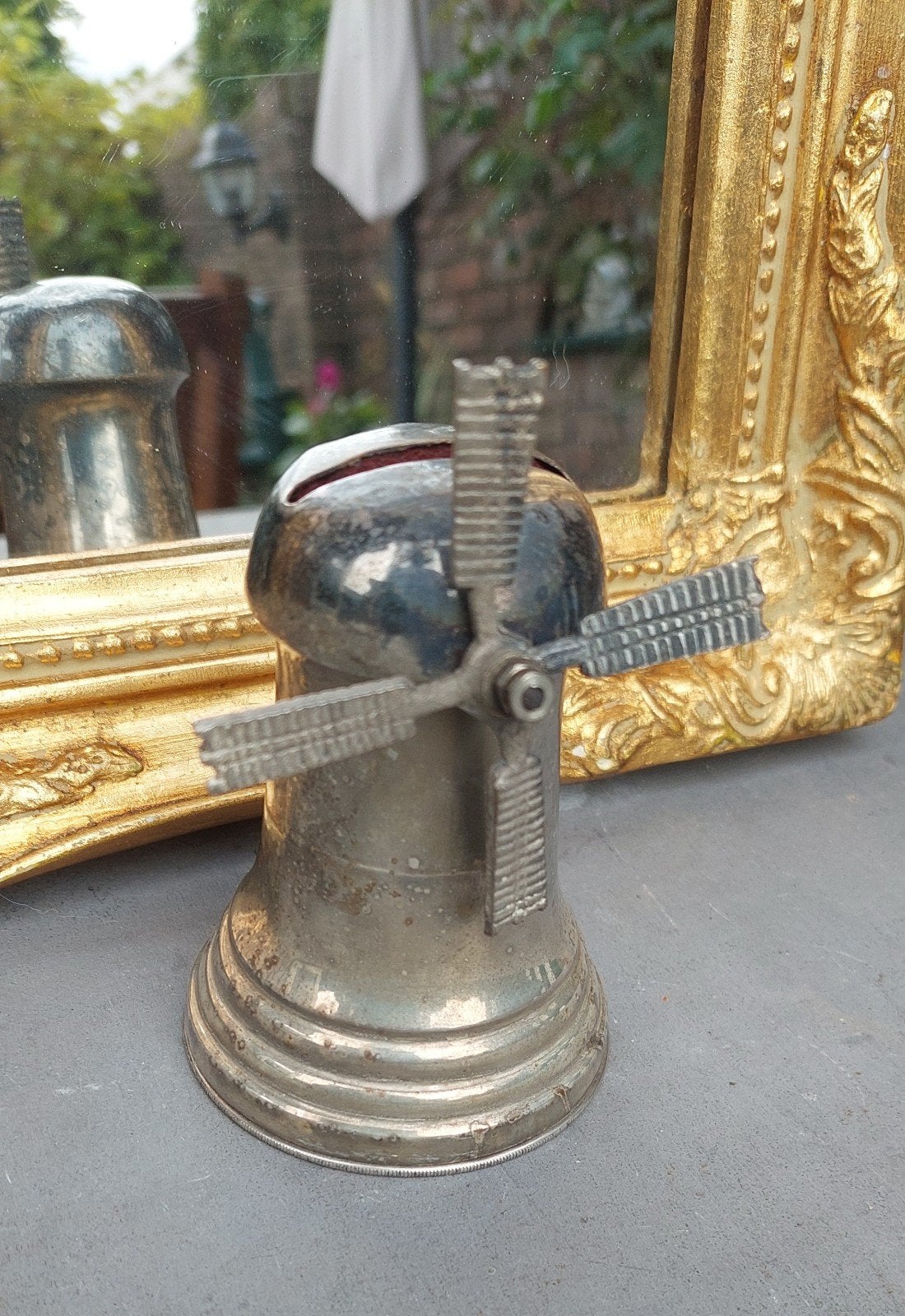 Vintage spaarpot molen - verzilverd Metaal, Ophalen of Verzenden, Gebruikt, Metaal of Blik, Object of Gebouw