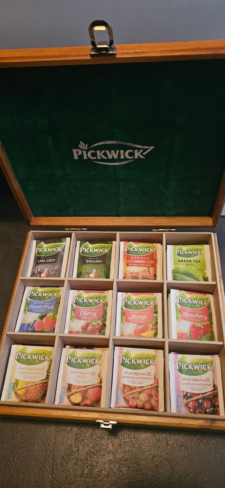 Pickwick theedoos met 12 vakken - Houten theekist, Hout, Nieuw, Ophalen of Verzenden, Theedoos