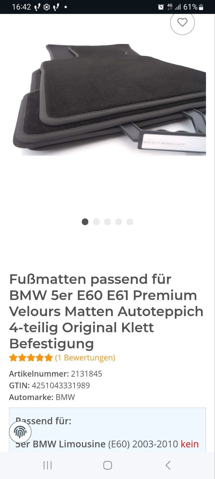BMW 5 Serie E60 E61 Premium Velours Mattenset (4-delig), Auto diversen, Automatten, Ophalen of Verzenden, Nieuw