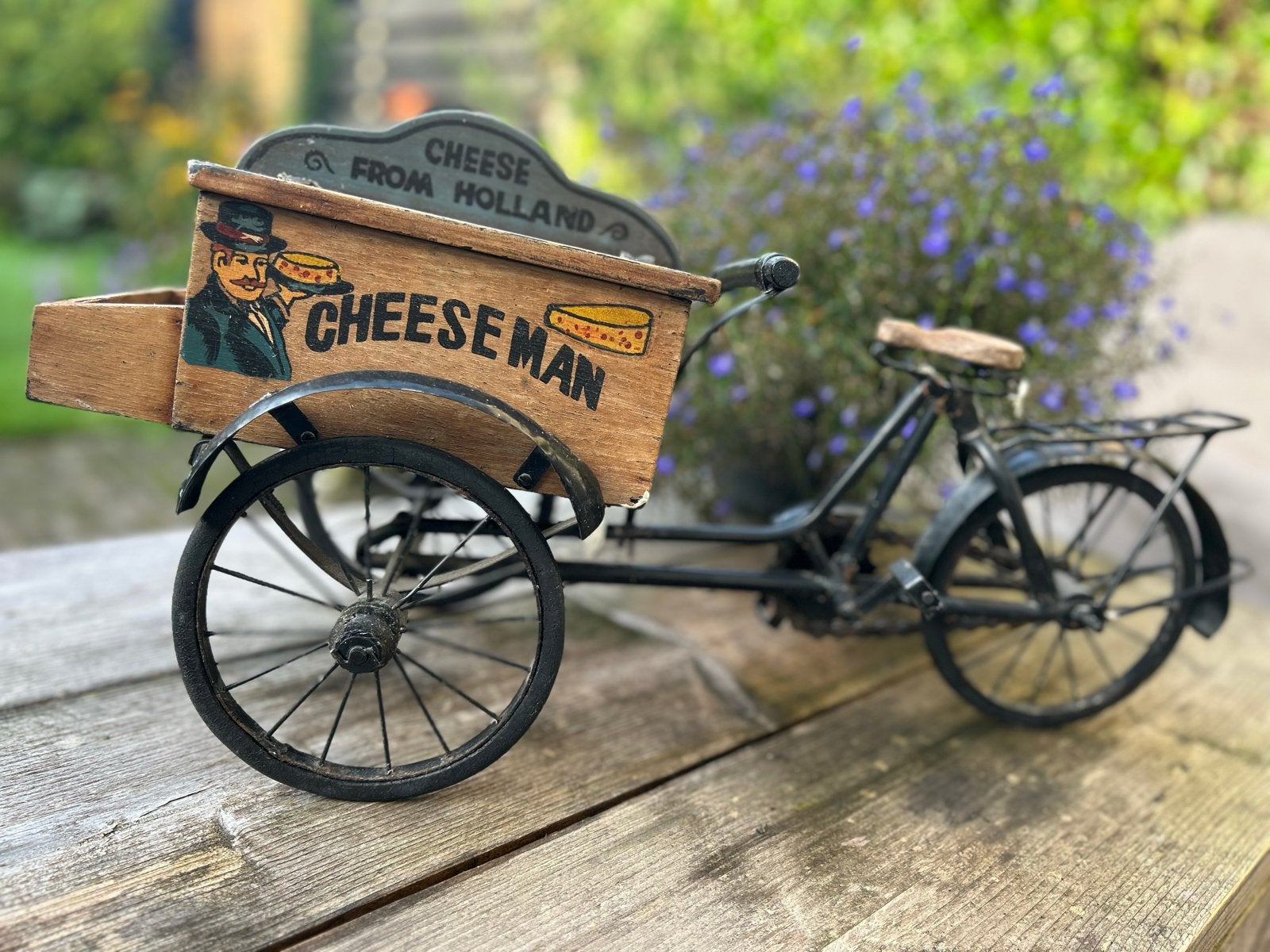 Vintage Miniatuur Bakfiets Hout/Metaal Kaaswagen’Cheese Man’, Ophalen of Verzenden, Gebruikt