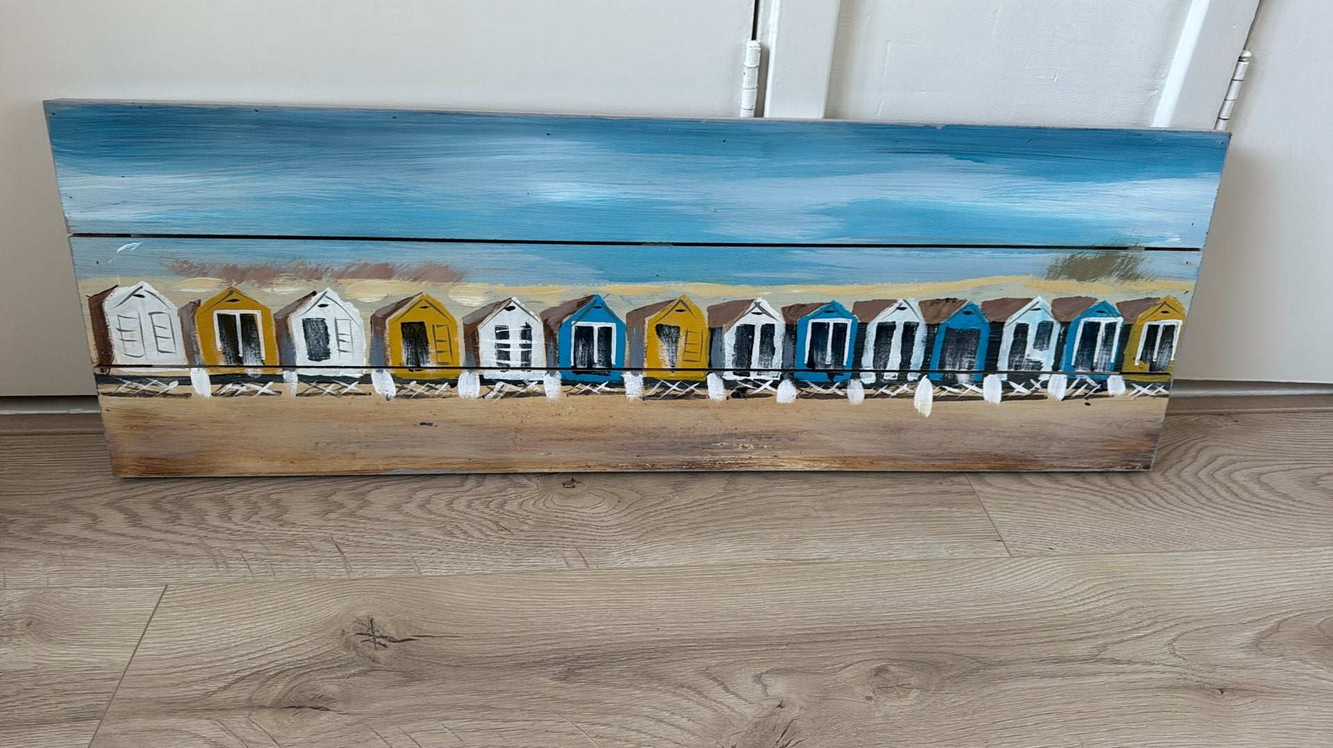Houten schilderij strand 90x30, Ophalen of Verzenden, Zo goed als nieuw