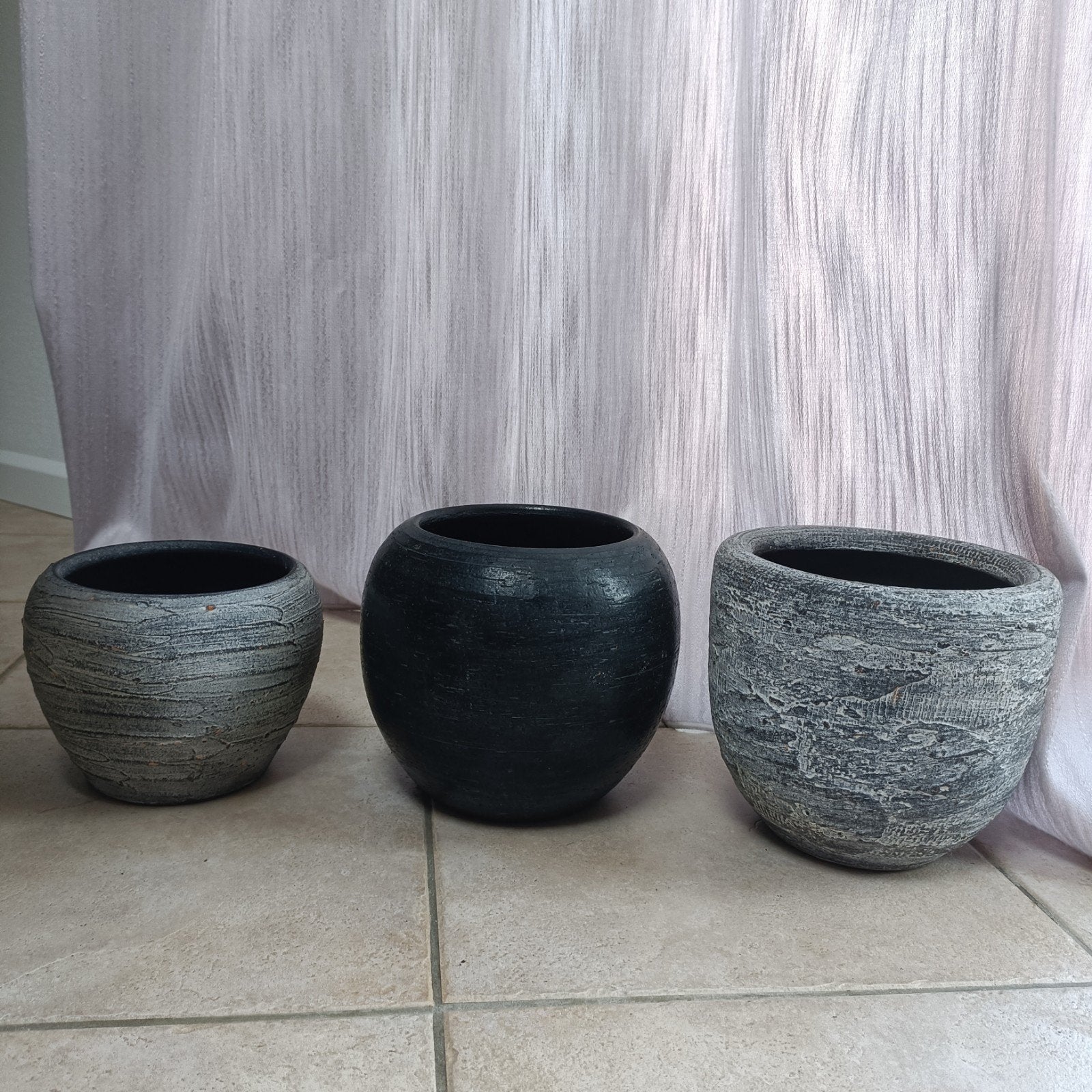Set van 3 stenen bloempotten - grijs/zwart, 25 tot 40 cm, Steen, Gebruikt, Rond
