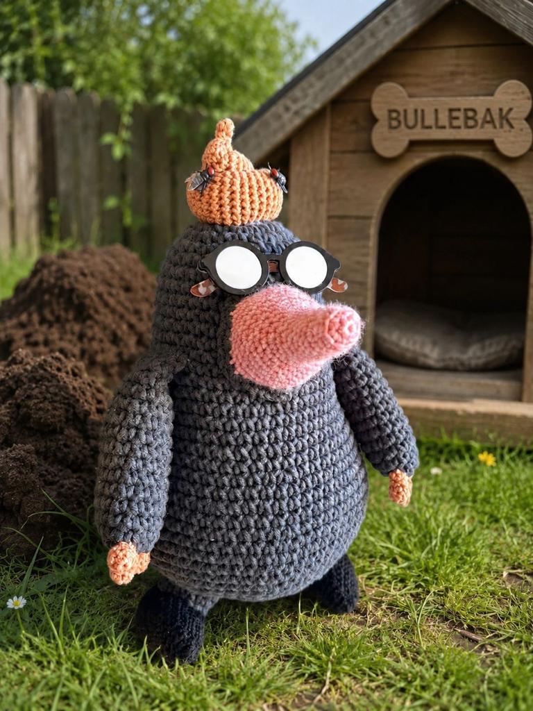 Handgemaakte gehaakte mol knuffel met bril en drol, Overige merken, Overige karakters, Grijs, Nieuw