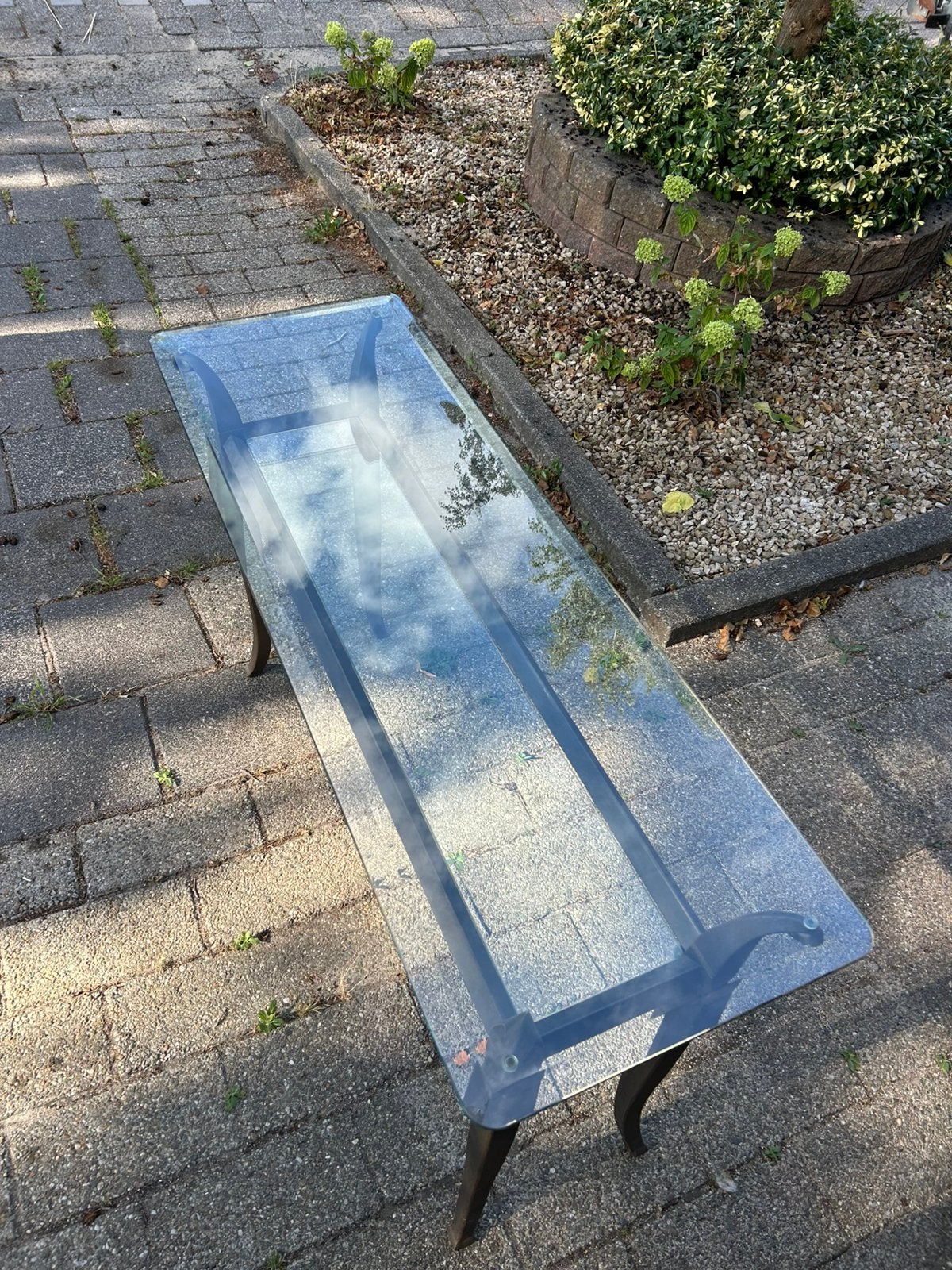 Glazen salontafel met massief metalen frame, Ophalen, Vintage, 75 cm of meer, 60 cm of meer
