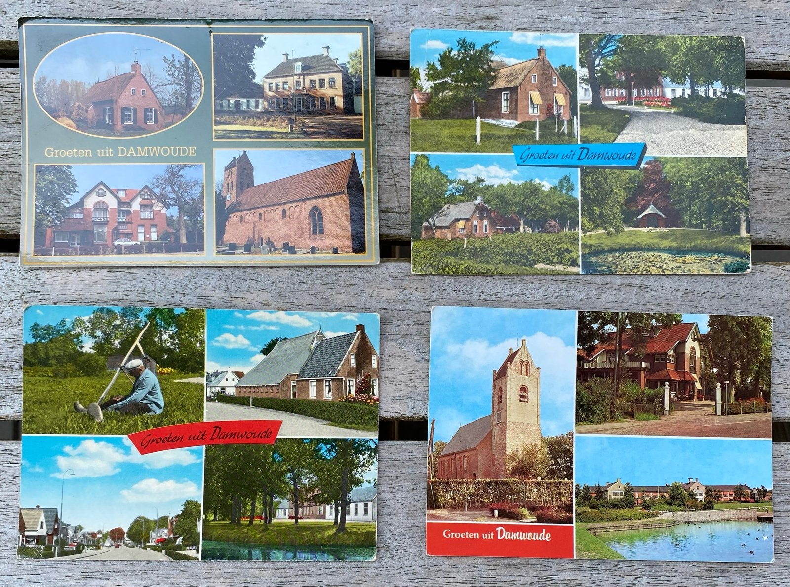 Set van 4 ansichtkaarten 'Groeten uit Damwoude', Verzamelen, Ansichtkaarten | Nederland, Ophalen of Verzenden, 1960 tot 1980, Ongelopen
