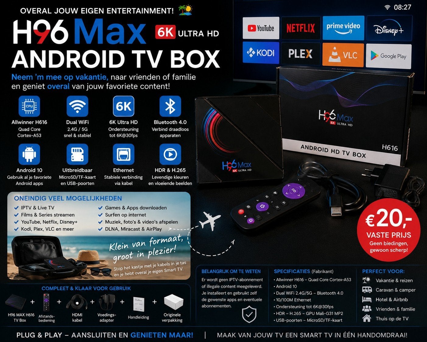 H96 MAX H616 Android TV Box 6K – IPTV / Apps – Compleet, Ophalen of Verzenden, Nieuw
