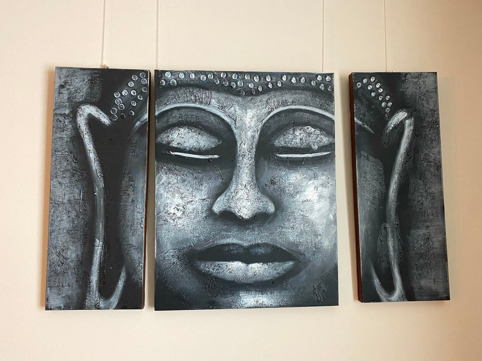Boeddha Schilderij - Drieluik Zwart Wit, Ophalen, 50 – 75, Gebruikt, Schilderij