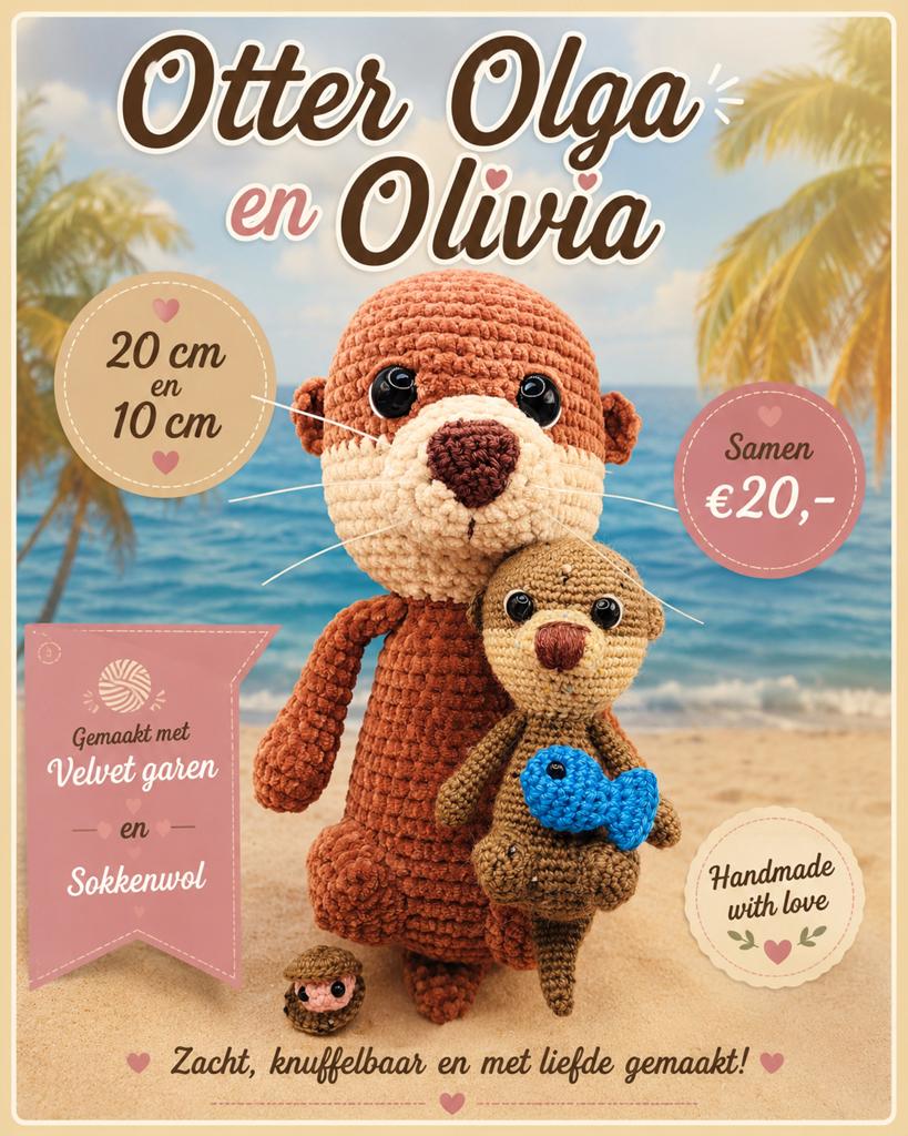 Nieuw: Otter Olga en Olivia knuffels, handgemaakt, Handgemaakt, Overige typen, Nieuw, Ophalen of Verzenden