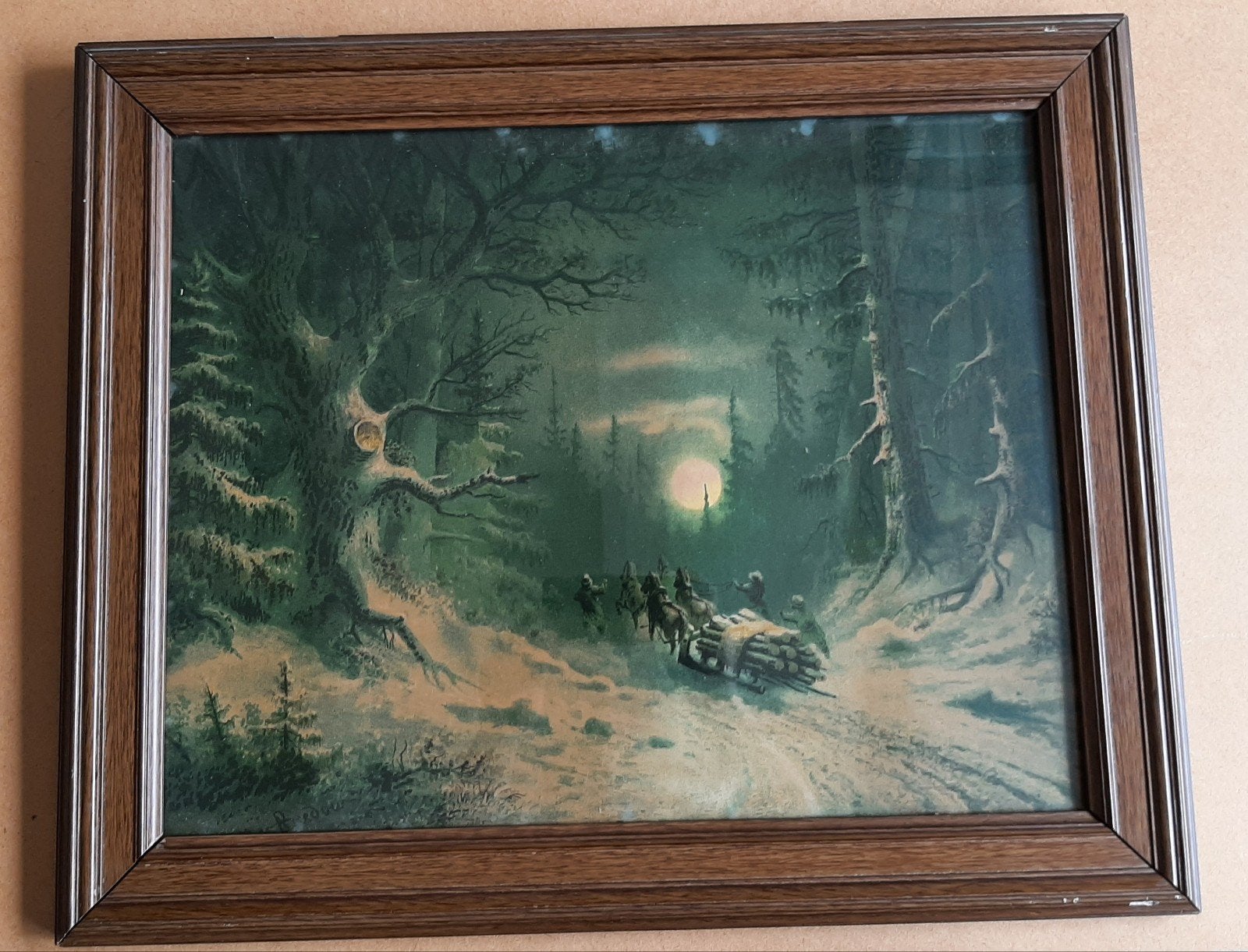 Oude ingelijste prent winterlandschap, Antiek en Kunst, Kunst | Schilderijen | Klassiek, Ophalen of Verzenden