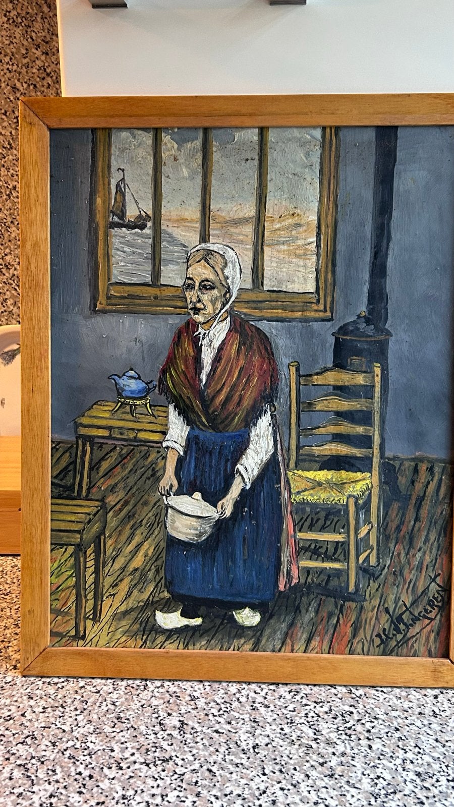 Olieverf schilderij van een vrouw in interieur, Doek, Portret of Personen, Realistisch, Ophalen of Verzenden