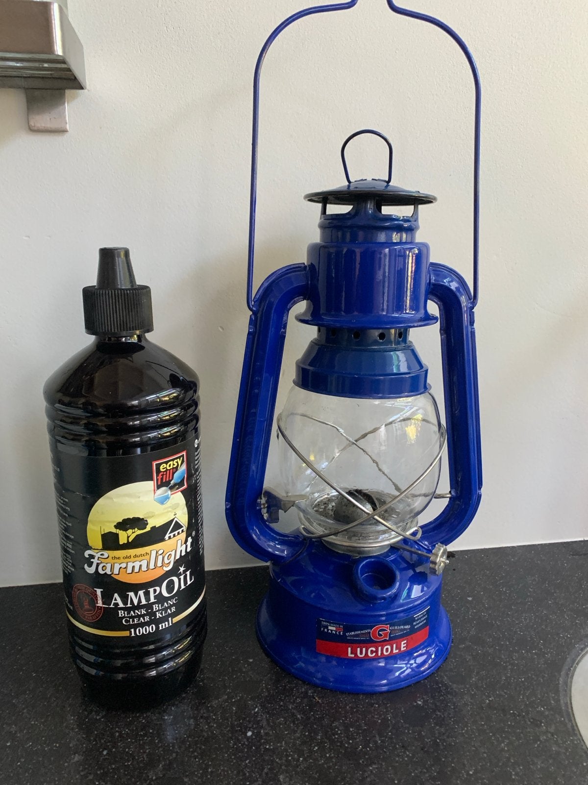 Blauwe Guillouard Luciole olielamp met lampolie, Ophalen, Zo goed als nieuw