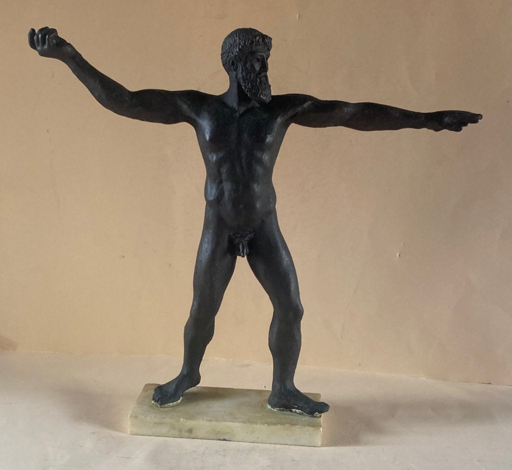 Massief bronzen beeld van God Poseidon op marmeren voet, Ophalen of Verzenden, Brons